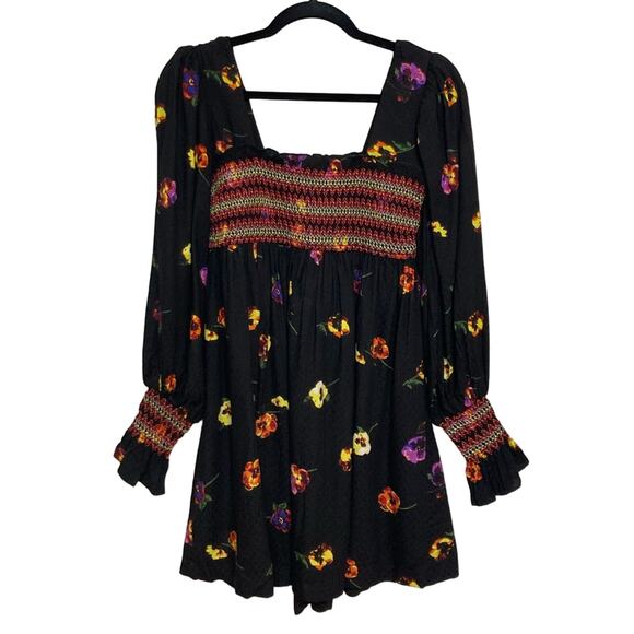 NWT Urban Outfitters Black Floral Smocked Long Sleeve Mini Dress - Size S - Picture 4 of 9